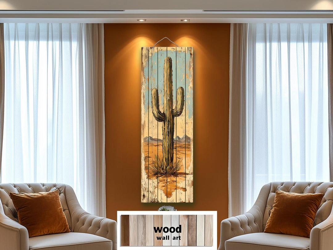 Tall Vertical Saguaro Cactus Wood Wall Art