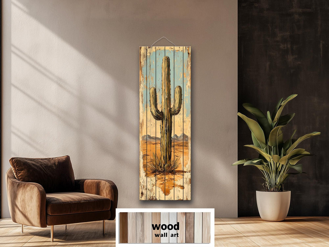 Tall Vertical Saguaro Cactus Wood Wall Art