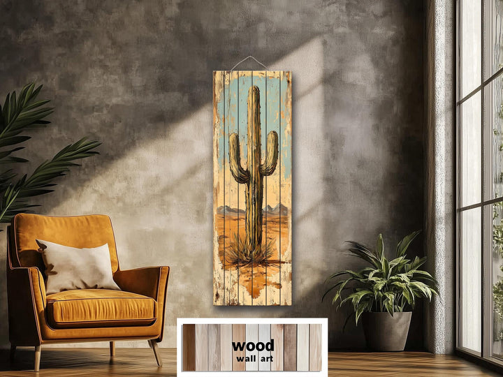 Tall Vertical Saguaro Cactus Wood Wall Art