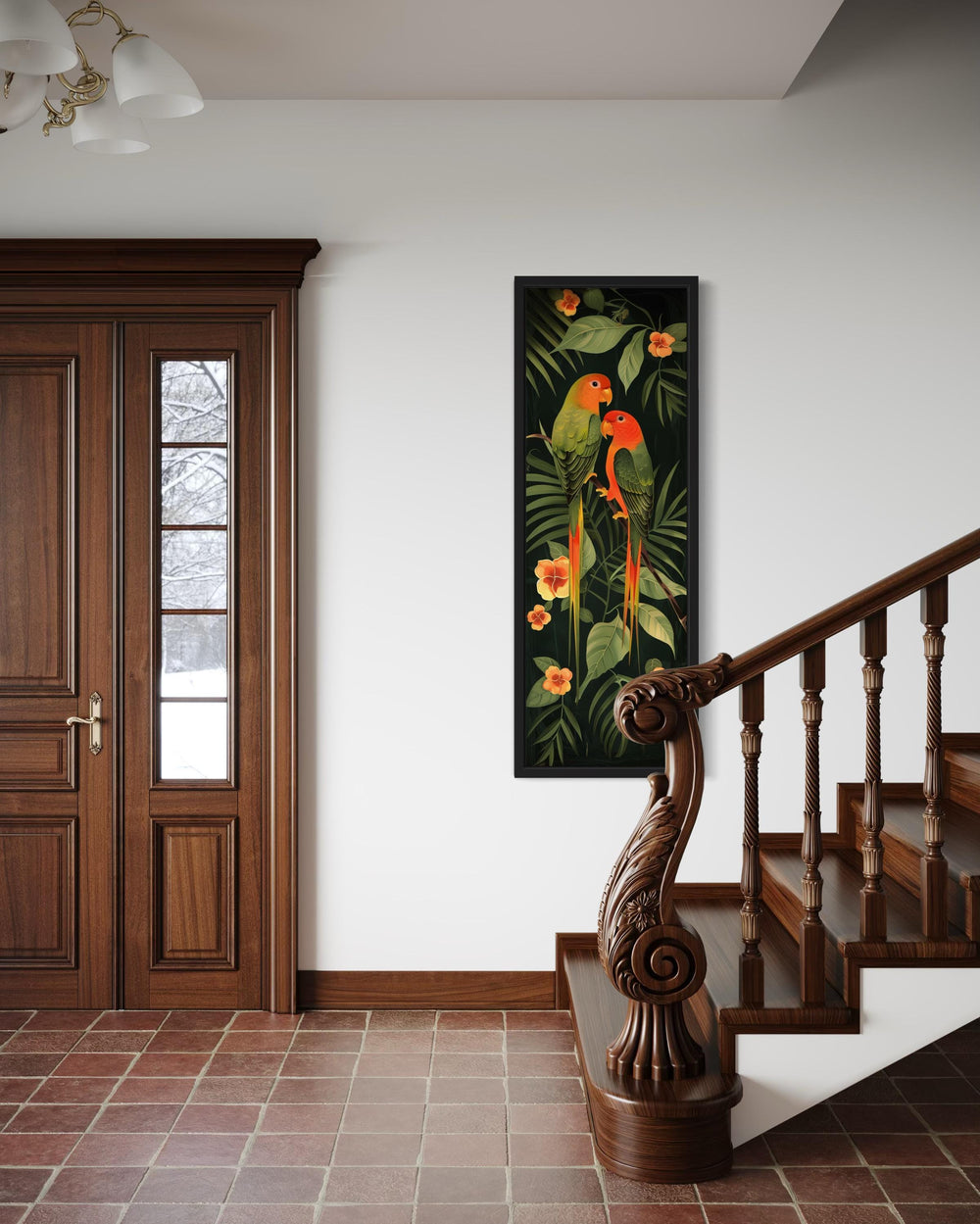 Tall Vertical Tropical Birds In Jungle Leaves Framed Canvas Wall Art