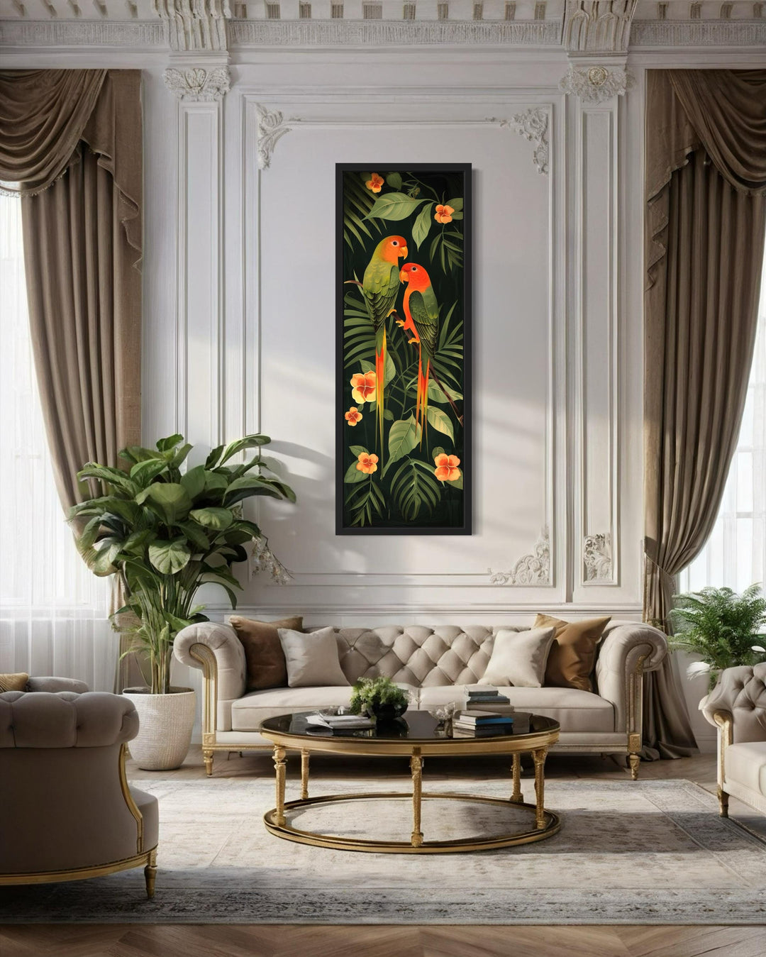 Tall Vertical Tropical Birds In Jungle Leaves Framed Canvas Wall Art
