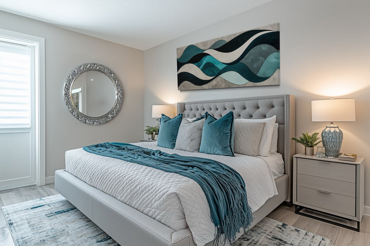 Teal Blue Grey Abstract Waves Above Bed Long Horizontal Wall Art