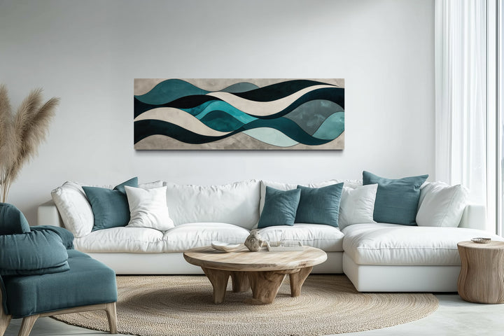 Teal Blue Grey Abstract Waves Above Bed Long Horizontal Wall Art