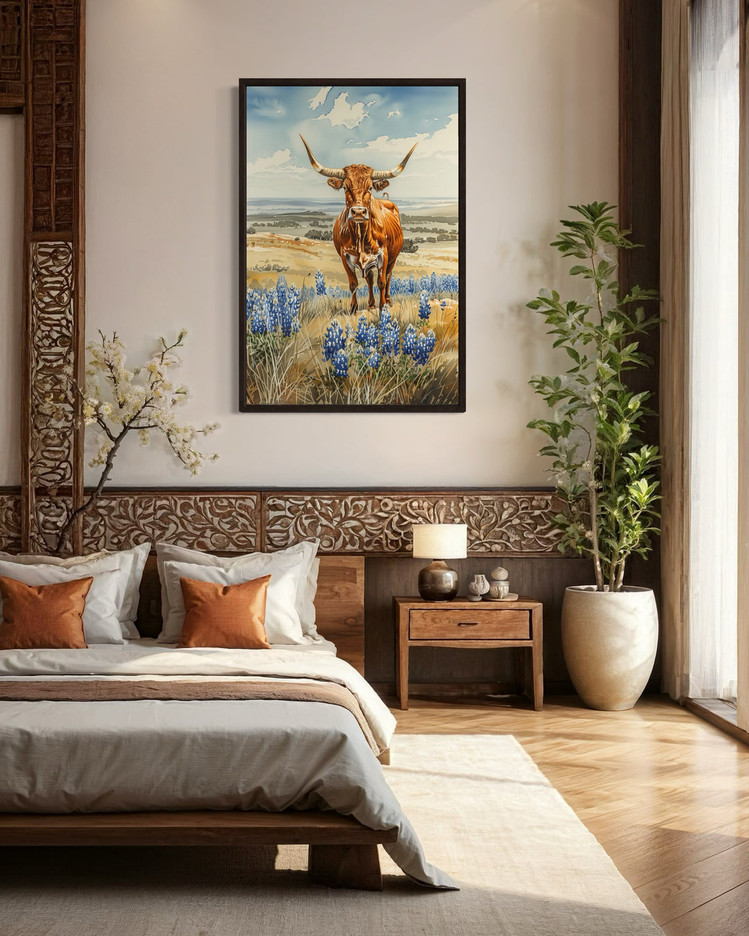 Texas Longhorn Cow In Bluebonnets Field Framed Canvas Wall Art