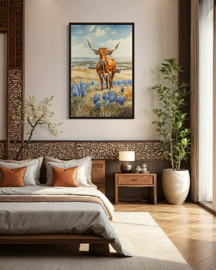 Texas Longhorn Cow In Bluebonnets Field Framed Canvas Wall Art