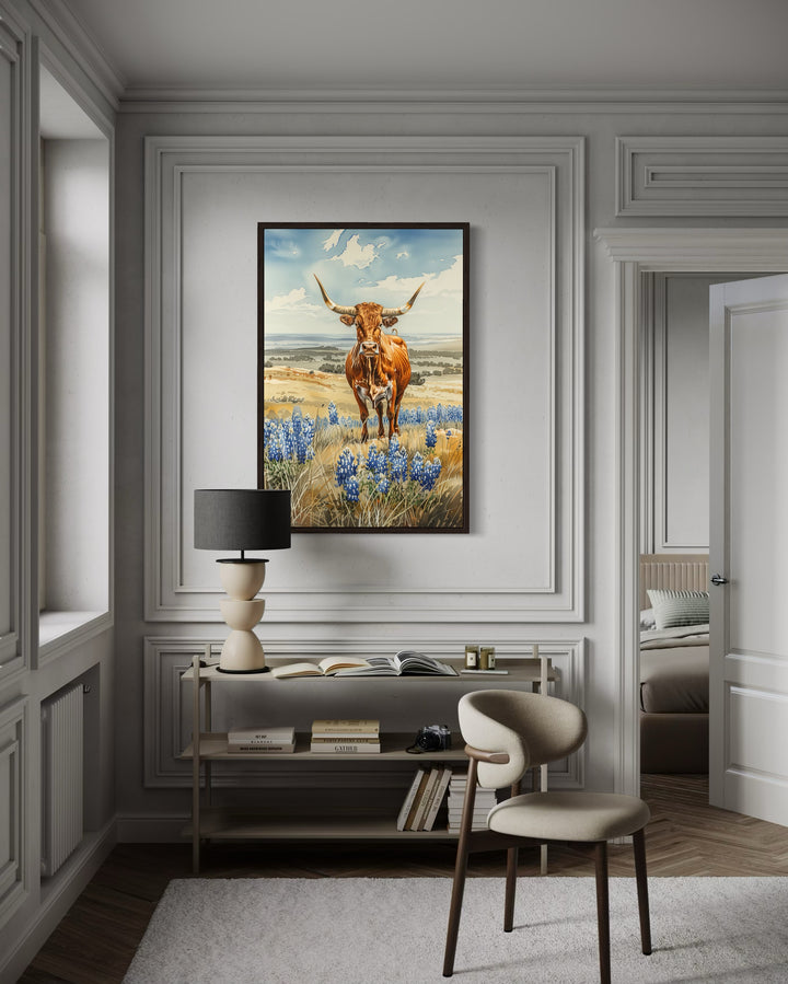 Texas Longhorn Cow In Bluebonnets Field Framed Canvas Wall Art