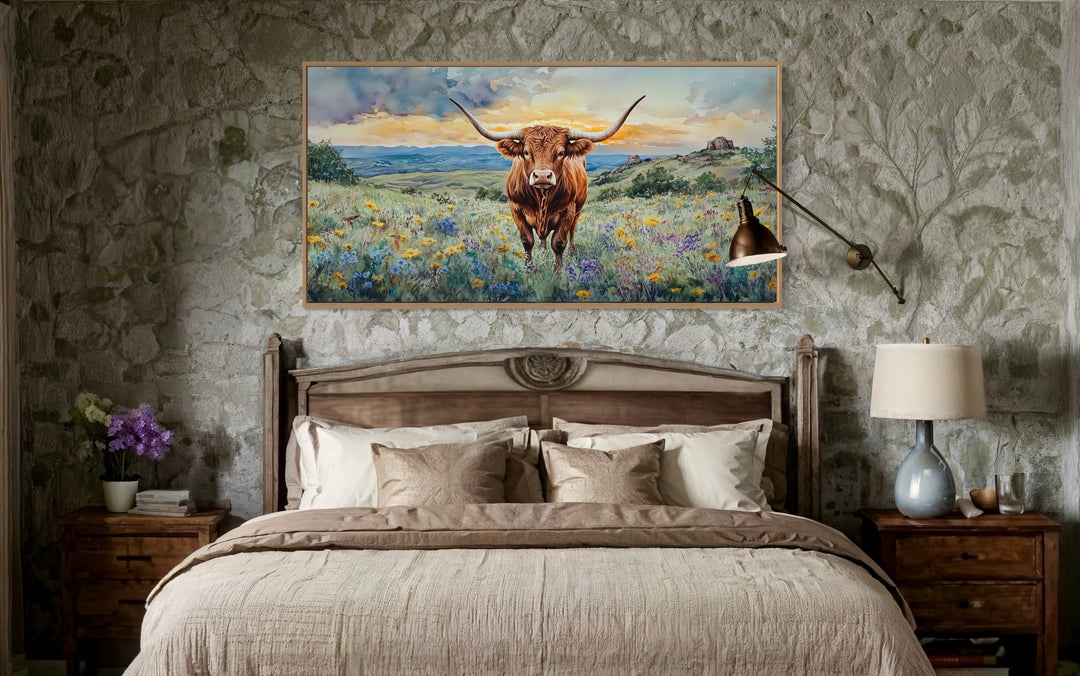 Texas Longhorn Cow In Wildflowers Field Framed Canvas Wall Art