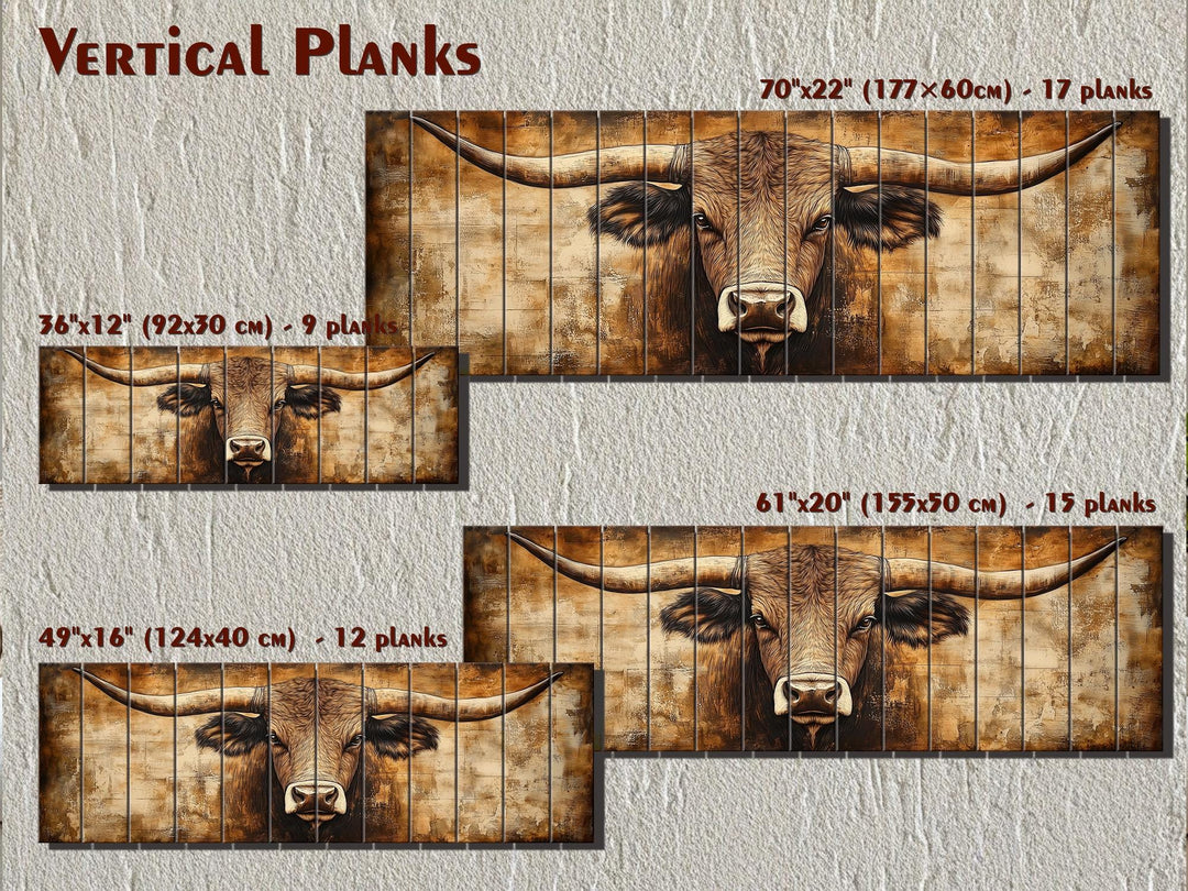 Texas Longhorn Long Horizontal Neutral Brown Real Wood Wall Art