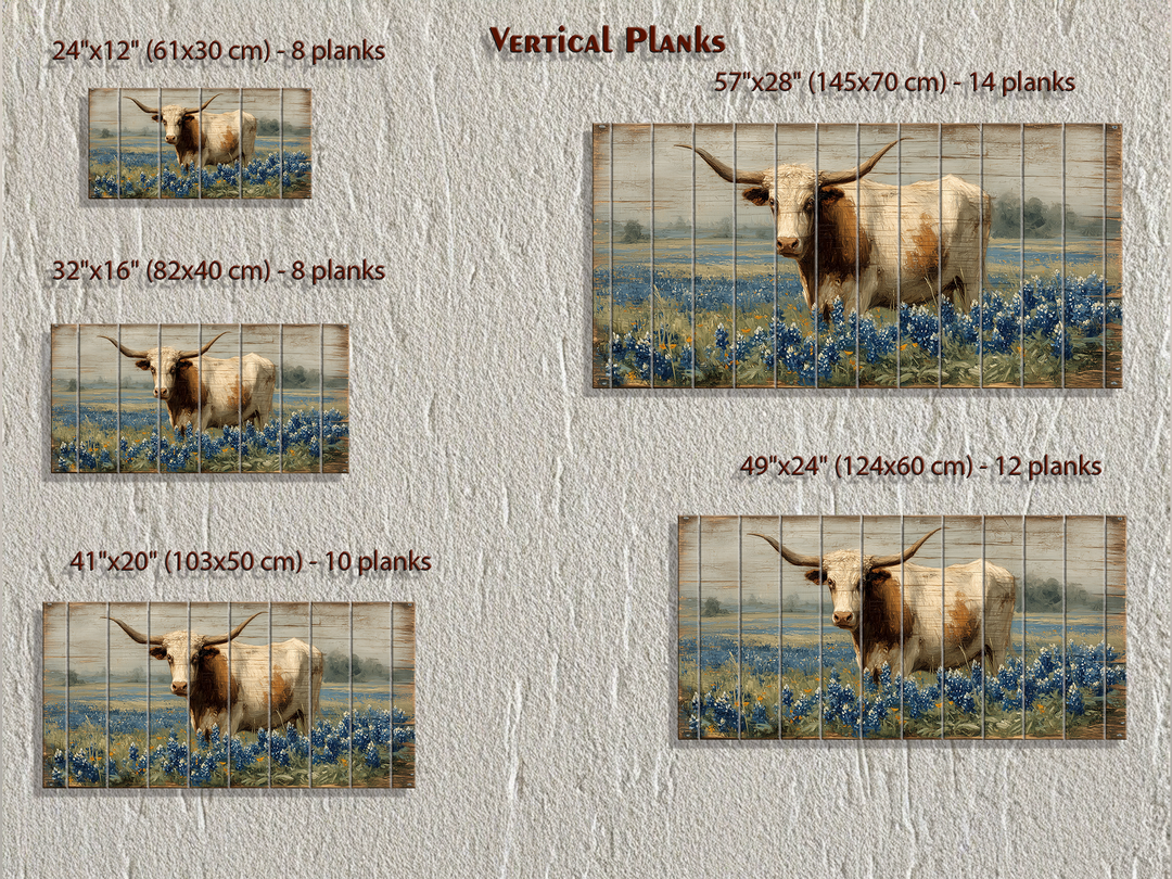 Texas Longhorn Standing In Bluebonnets Field Distressed Wood Wall Art