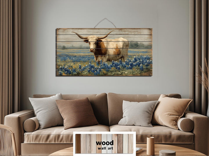 Texas Longhorn Standing In Bluebonnets Field Distressed Wood Wall Art