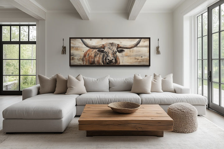 Texas Longhorn Steer Painted On Wood Long Horizontal Framed Canvas Wall Art