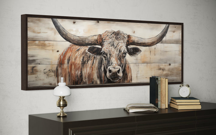 Texas Longhorn Steer Painted On Wood Long Horizontal Framed Canvas Wall Art