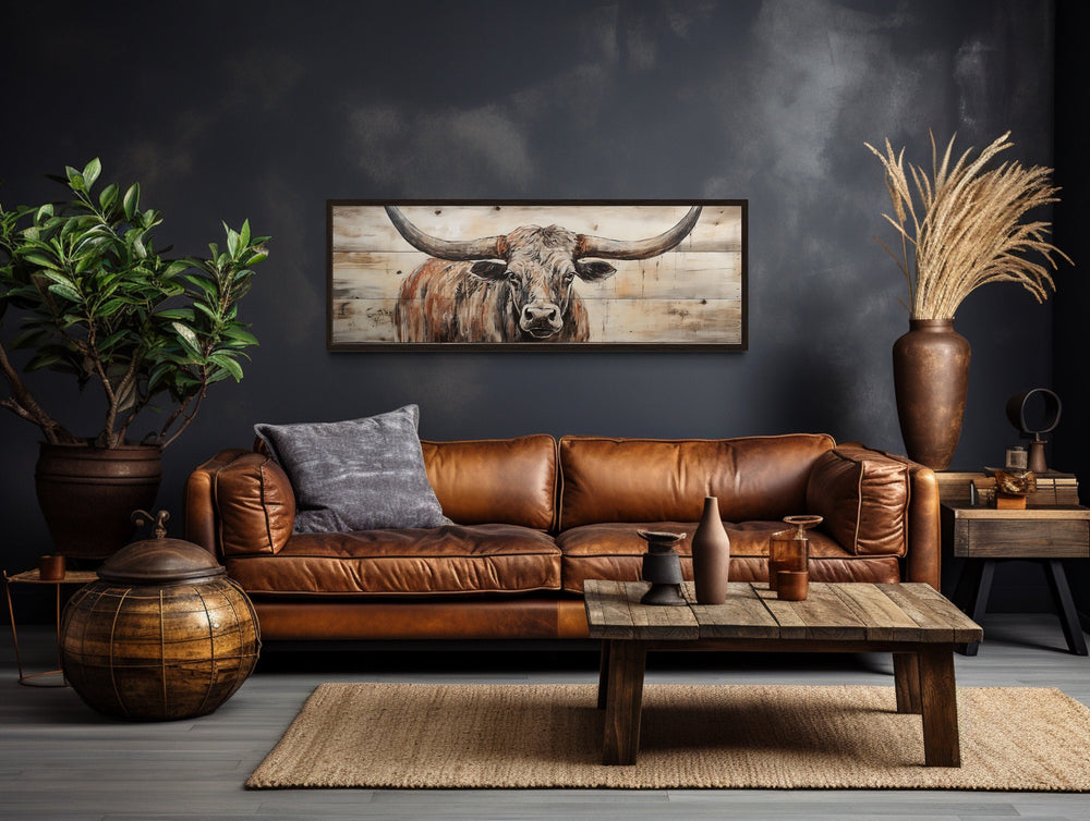 Texas Longhorn Steer Painted On Wood Long Horizontal Framed Canvas Wall Art
