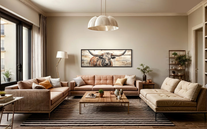 Texas Longhorn Steer Painted On Wood Long Horizontal Framed Canvas Wall Art