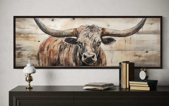 Texas Longhorn Steer Painted On Wood Long Horizontal Framed Canvas Wall Art