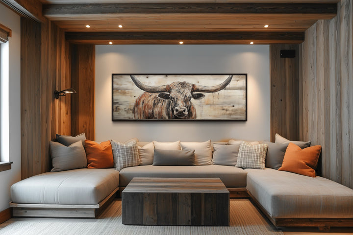Texas Longhorn Steer Painted On Wood Long Horizontal Framed Canvas Wall Art