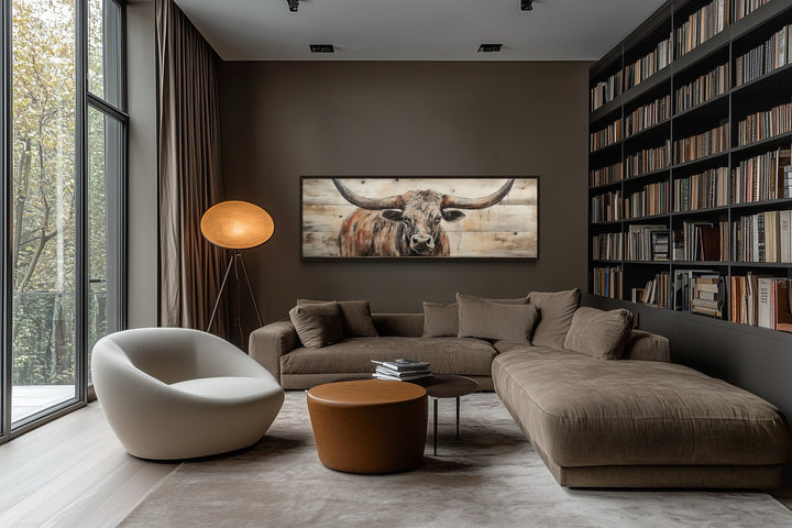 Texas Longhorn Steer Painted On Wood Long Horizontal Framed Canvas Wall Art