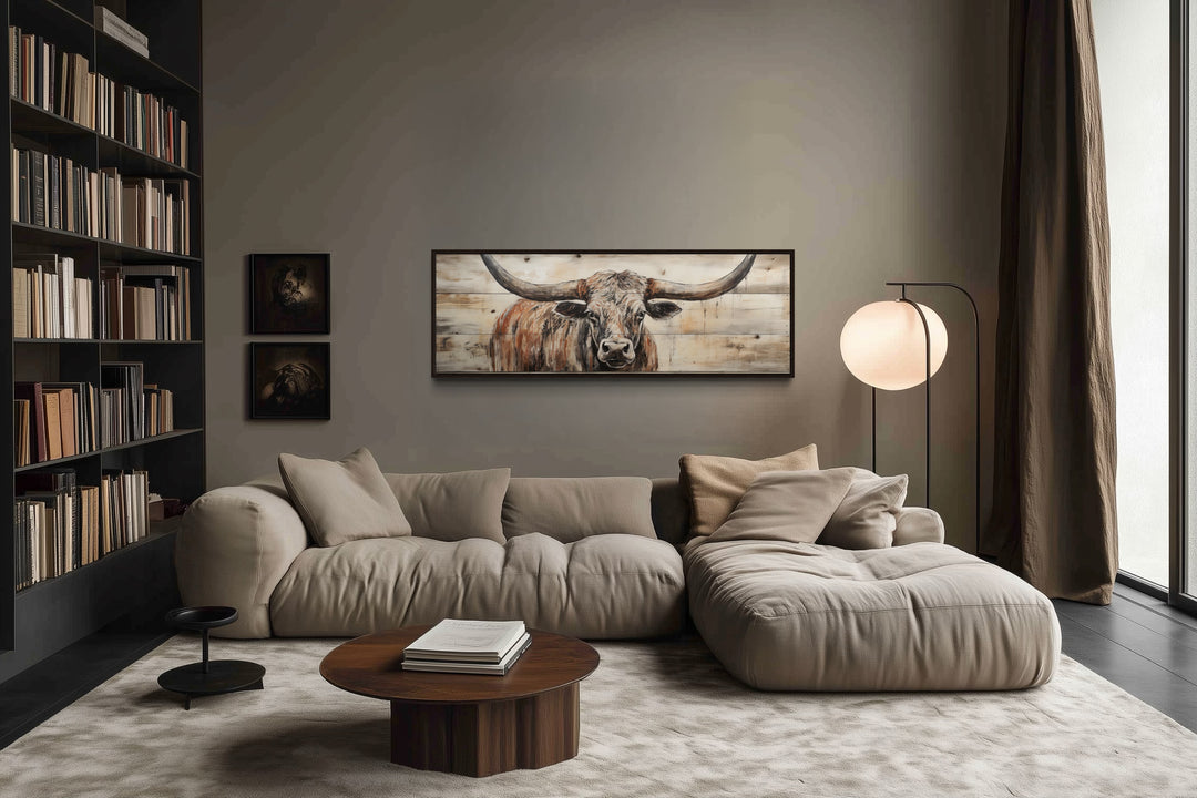Texas Longhorn Steer Painted On Wood Long Horizontal Framed Canvas Wall Art
