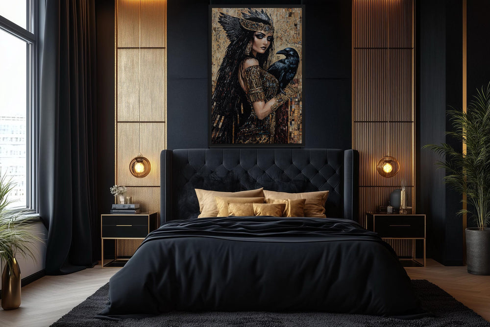 The Morrigan Celtic Goddess With Raven Mosaic Painting Canvas Wall Art