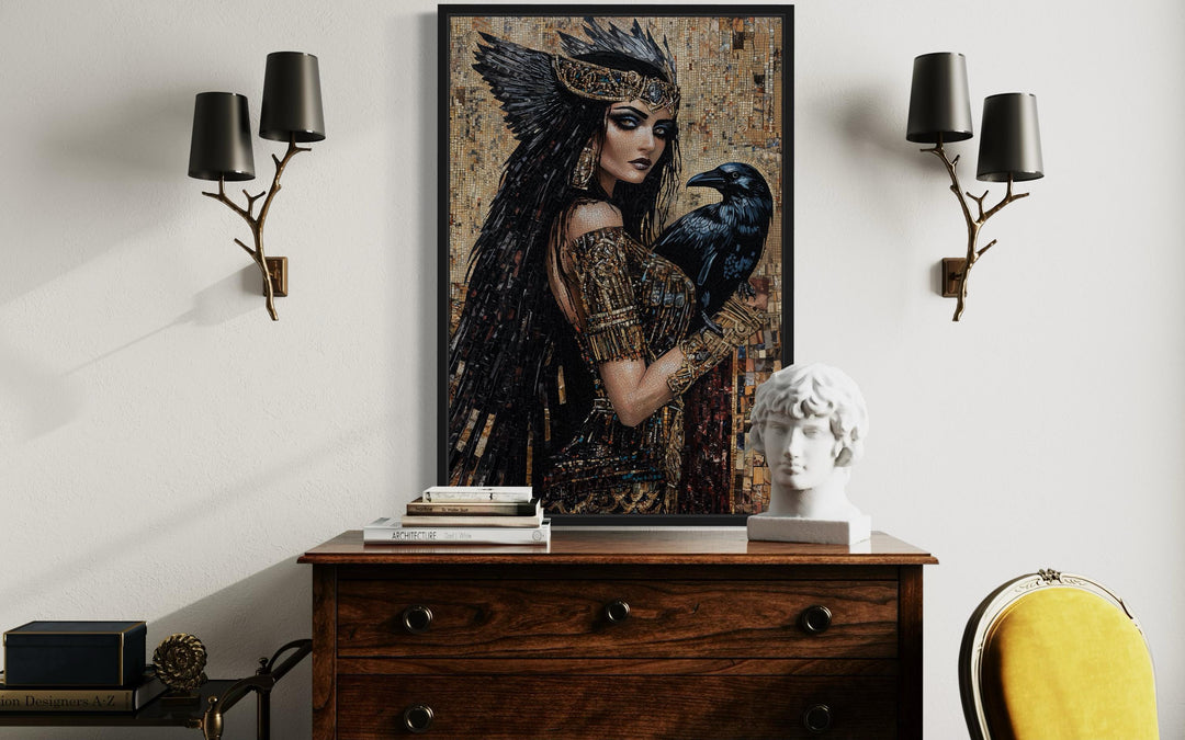 The Morrigan Celtic Goddess With Raven Mosaic Painting Canvas Wall Art