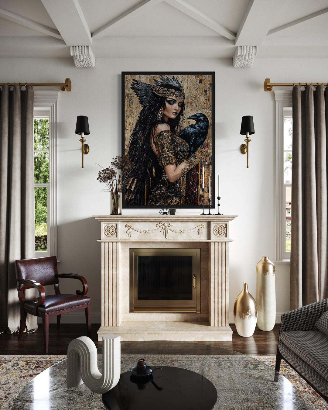 The Morrigan Celtic Goddess With Raven Mosaic Painting Canvas Wall Art