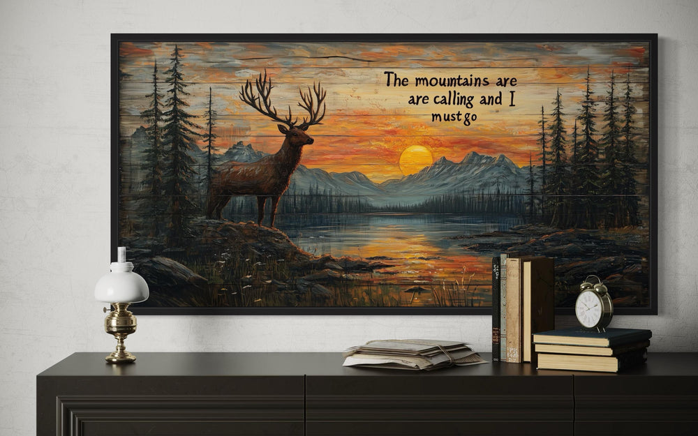 The Mountains Are Calling With Elk And Sunset Framed Canvas Wall Art