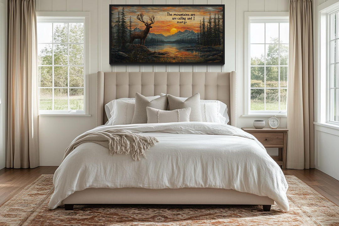The Mountains Are Calling With Elk And Sunset Framed Canvas Wall Art