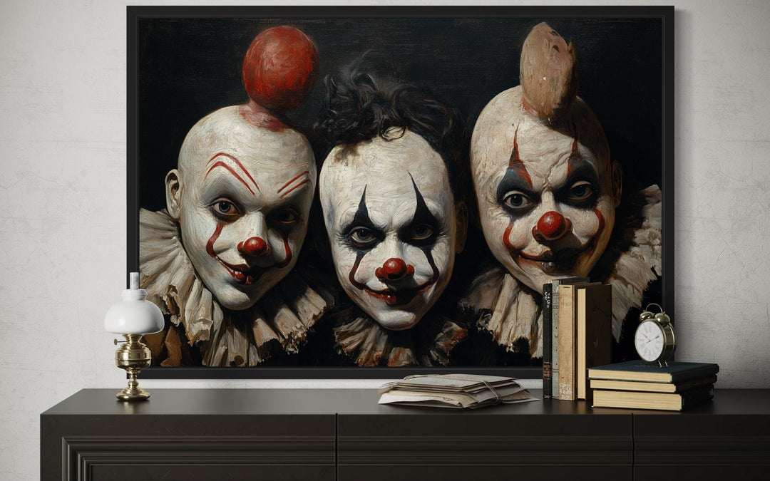Three Creepy Clown Mask With Vintage Circus Style Halloween Wall Art