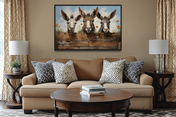 Three Funny Donkeys Looking Through Wooden Fence Farmhouse Wall Art
