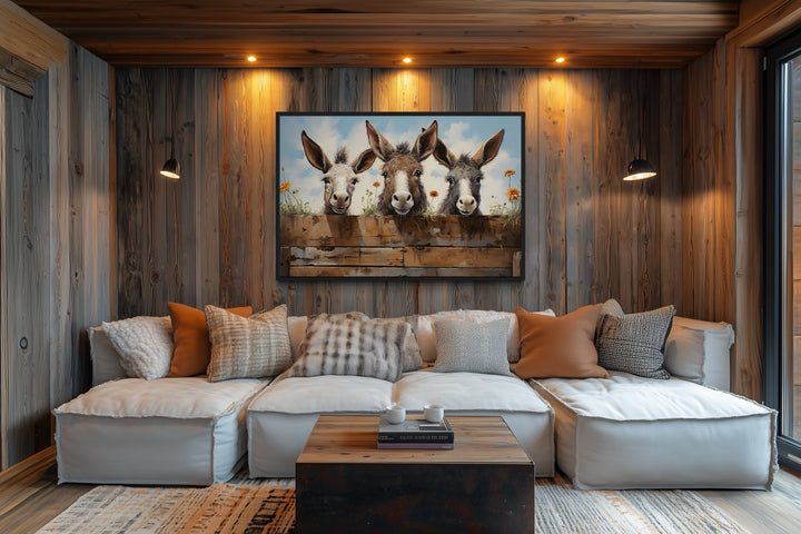 Three Funny Donkeys Looking Through Wooden Fence Farmhouse Wall Art