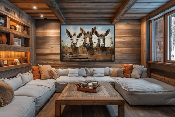 Three Funny Donkeys Looking Through Wooden Fence Farmhouse Wall Art