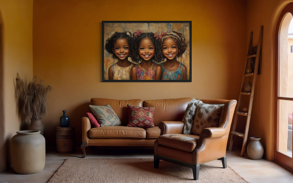 Three Happy Black Girls Smiling Framed Canvas Wall Art