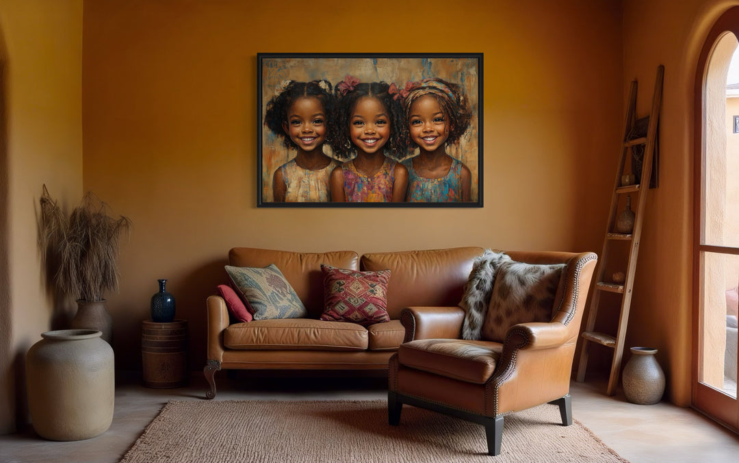Three Happy Black Girls Smiling Framed Canvas Wall Art