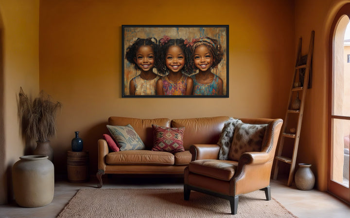 Three Happy Black Girls Smiling Framed Canvas Wall Art