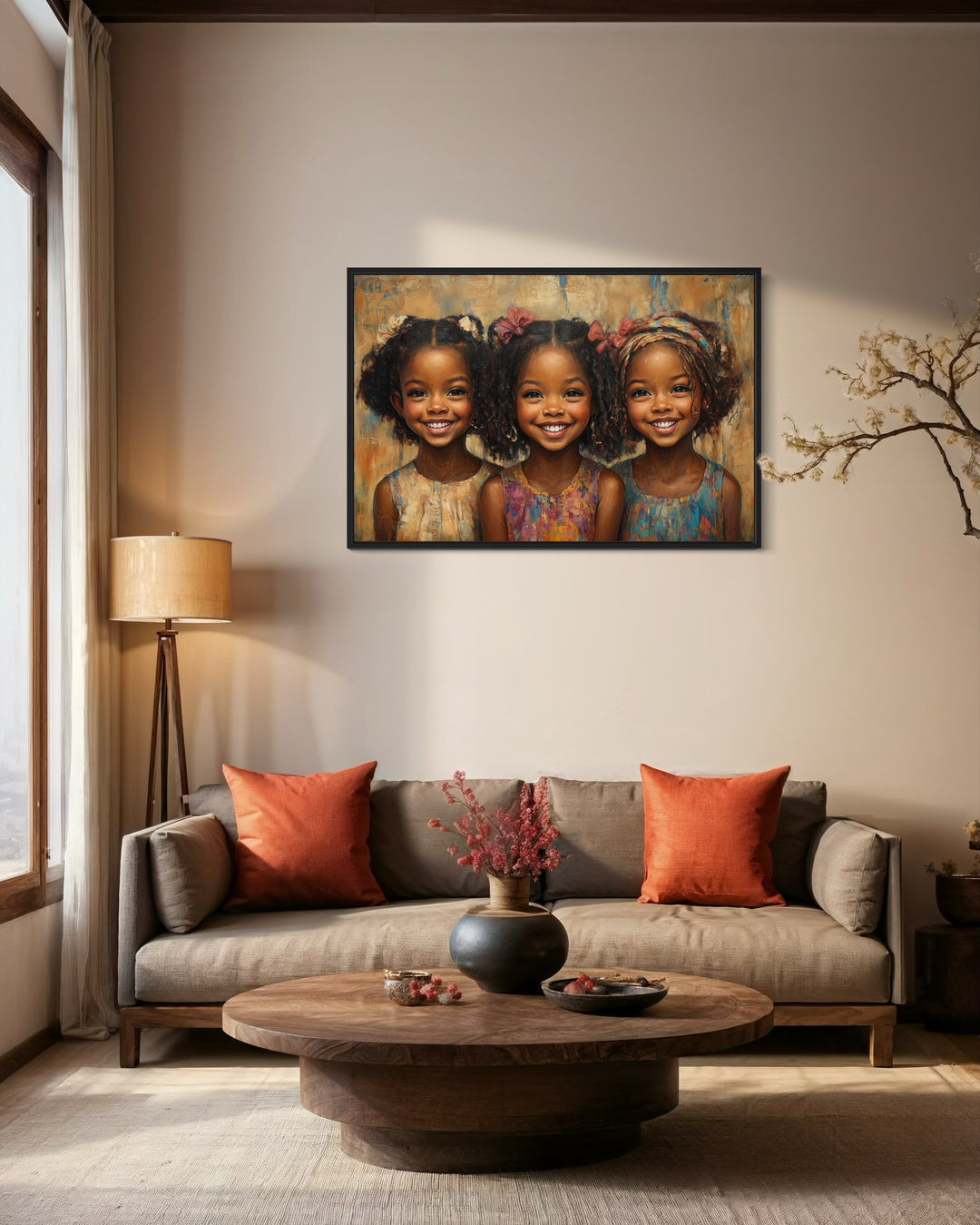 Three Happy Black Girls Smiling Framed Canvas Wall Art