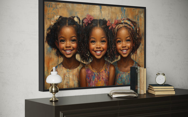 Three Happy Black Girls Smiling Framed Canvas Wall Art