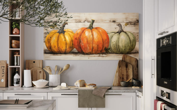 Three Pumpkins Rustic Farmhouse Kitchen Framed Canvas Wall Art
