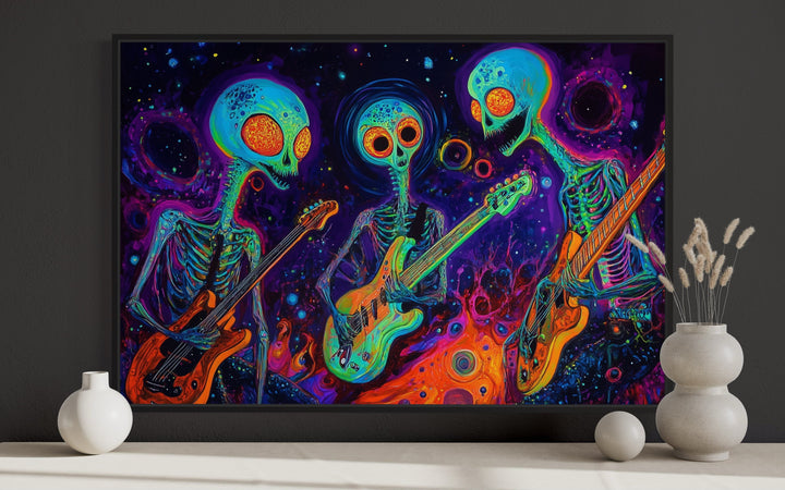 Three Trippy Skeletons Playing Guitars Framed Canvas Wall Art