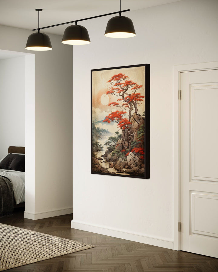 Traditional Ukiyo E Style Japanese Maple Tree Landscape Framed Canvas Wall Art