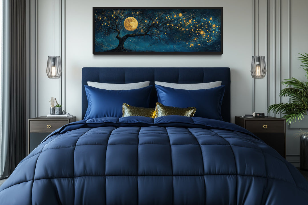 Tree And Moon Navy Blue and Gold Horizontal Above Bed Or Couch Wall Art