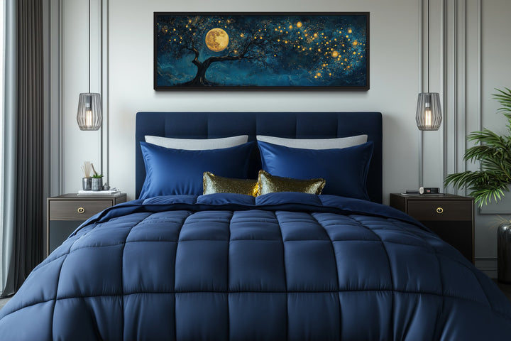 Tree And Moon Navy Blue and Gold Horizontal Above Bed Or Couch Wall Art