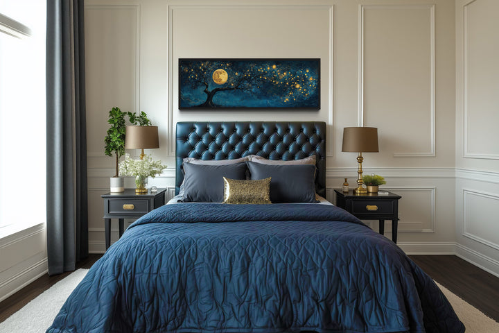 Tree And Moon Navy Blue and Gold Horizontal Above Bed Or Couch Wall Art