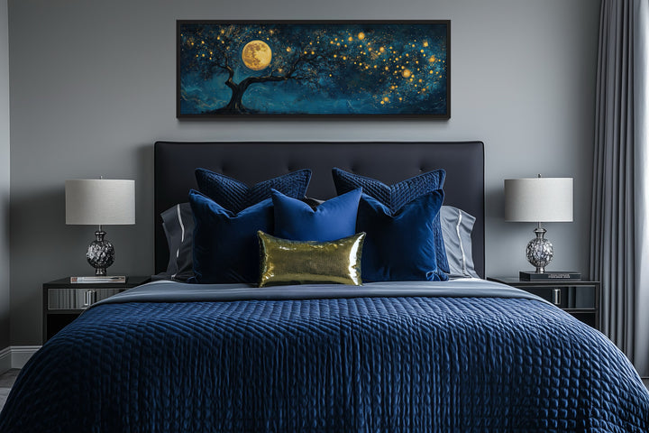 Tree And Moon Navy Blue and Gold Horizontal Above Bed Or Couch Wall Art