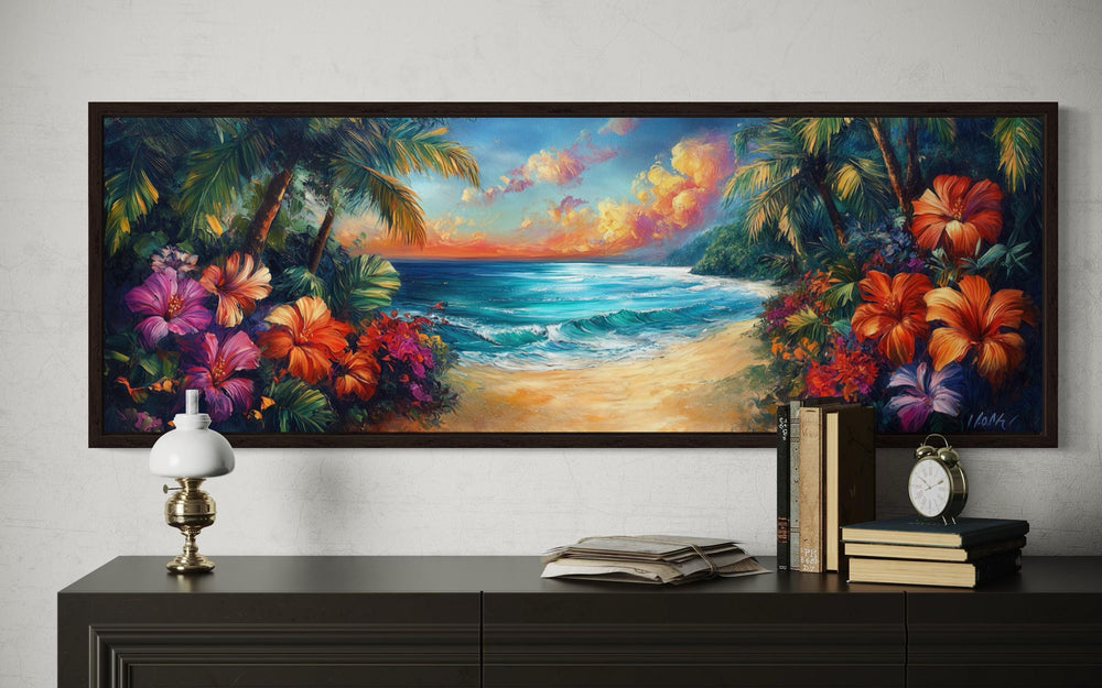 Tropical Beach Sunset Long Narrow Framed Canvas Wall Art