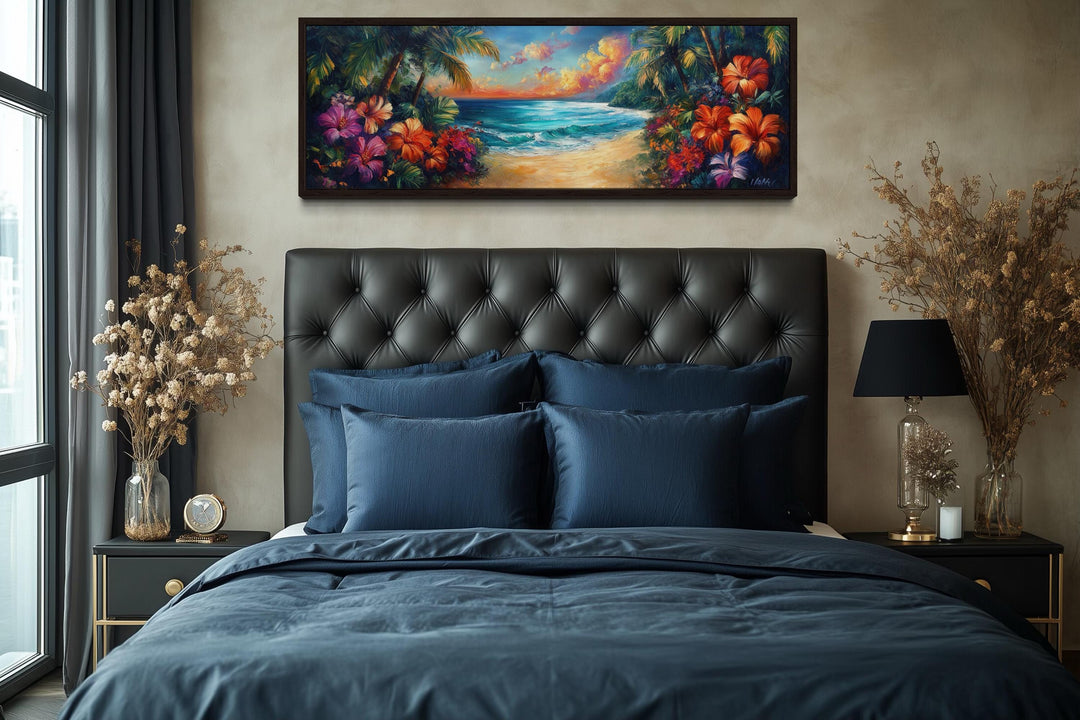 Tropical Beach Sunset Long Narrow Framed Canvas Wall Art