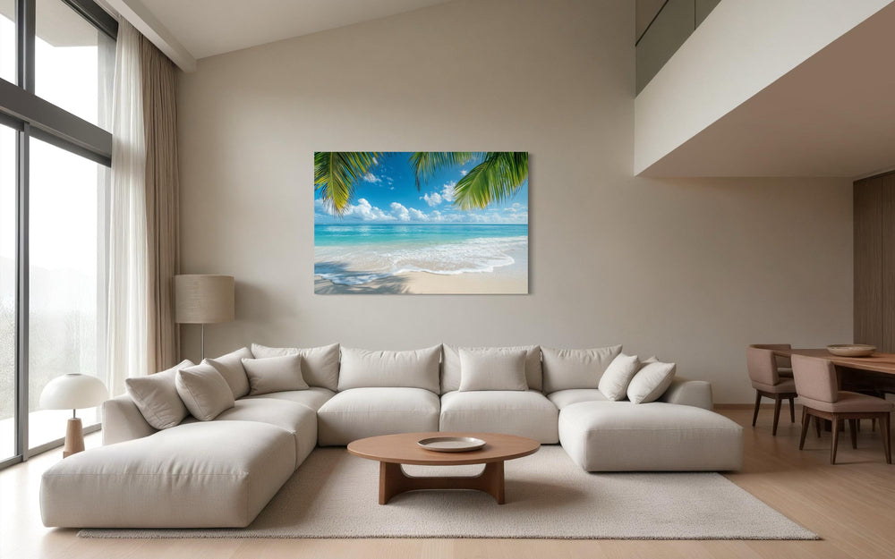 Tropical Beach With Palm Tree Framed Canvas Wall Art