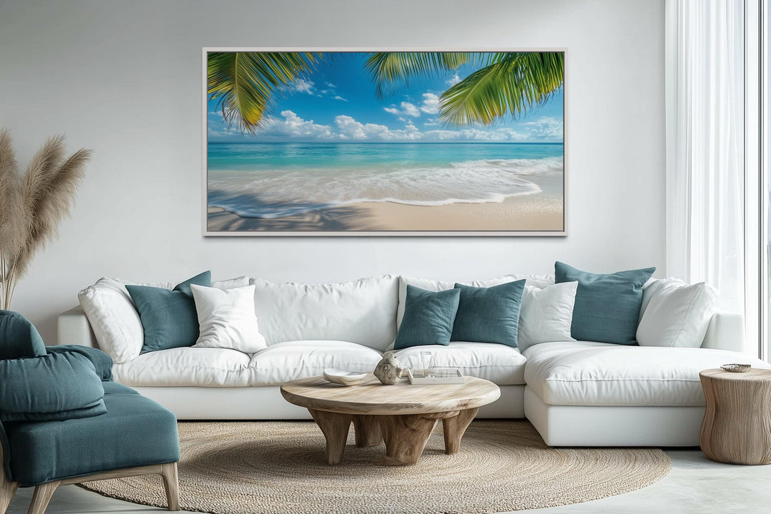 Tropical Beach With Palm Trees Framed Canvas Wall Art