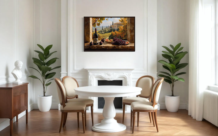 Tuscany Vineyard Window View Wall Art With Wine Bottle And Grapes For Dining Room Decor