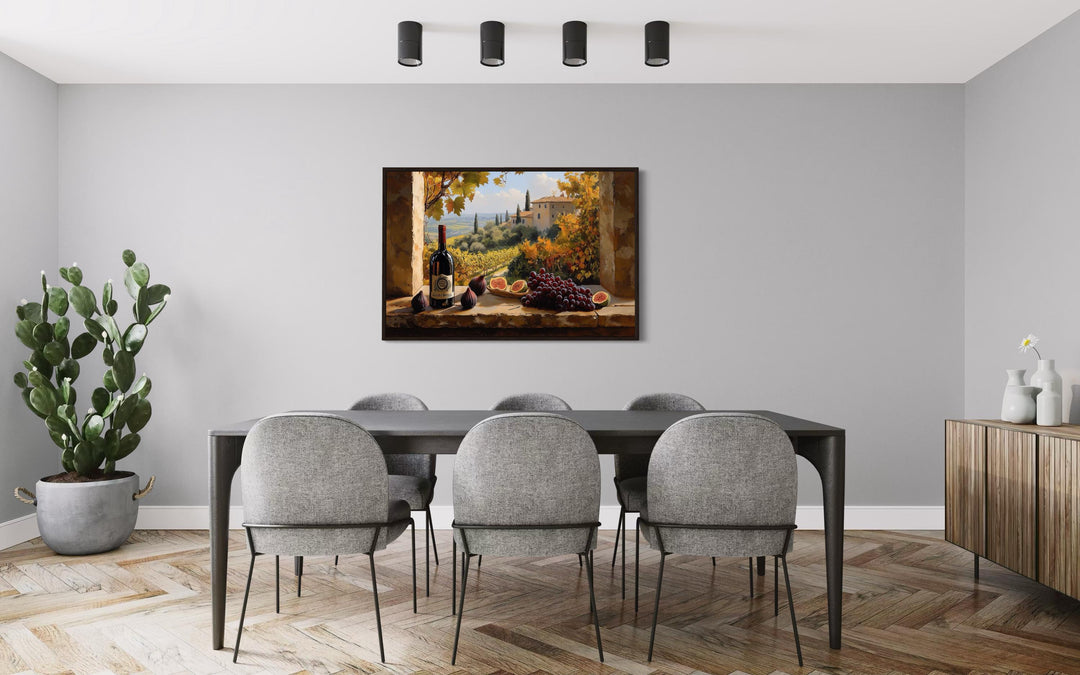 Tuscany Vineyard Window View Wall Art With Wine Bottle And Grapes For Dining Room Decor