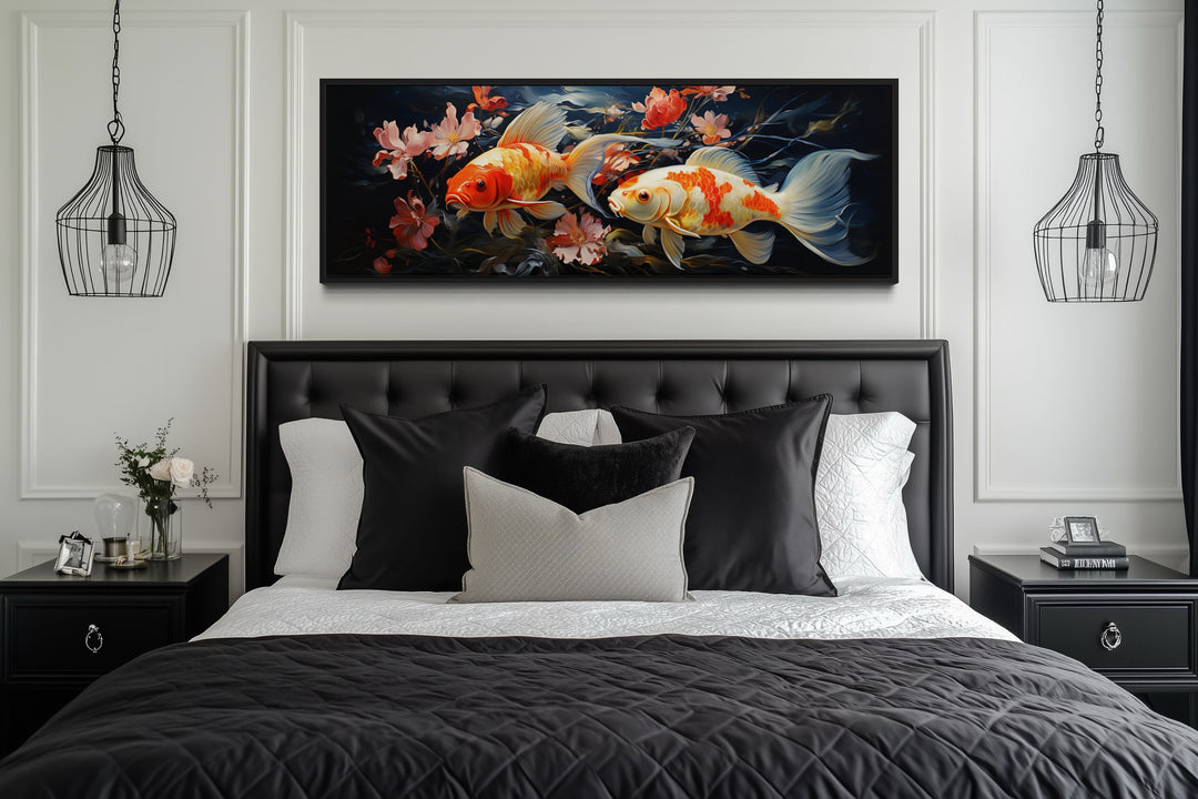 Two Koi Fish Long Horizontal Framed Canvas Wall Art
